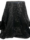 Black 100% Polyurethane/100% Nylon Geometric Faux Leather Design On Netting - NY Designer - 56W