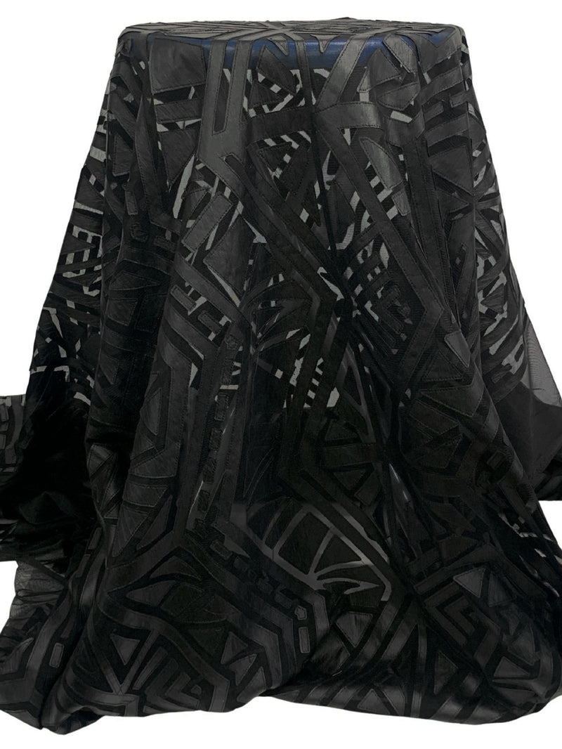 Black 100% Polyurethane/100% Nylon Geometric Faux Leather Design On Netting - NY Designer - 56W