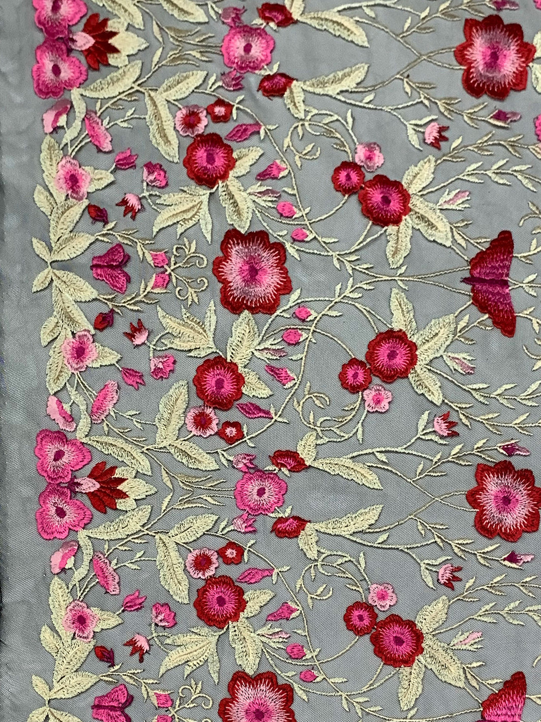 Amaranth Pink/Vivid Auburn/Muted Cream/Multi 100% Nylon Double Border Embroidered Floral Design On Netting - NY Designer - 54W