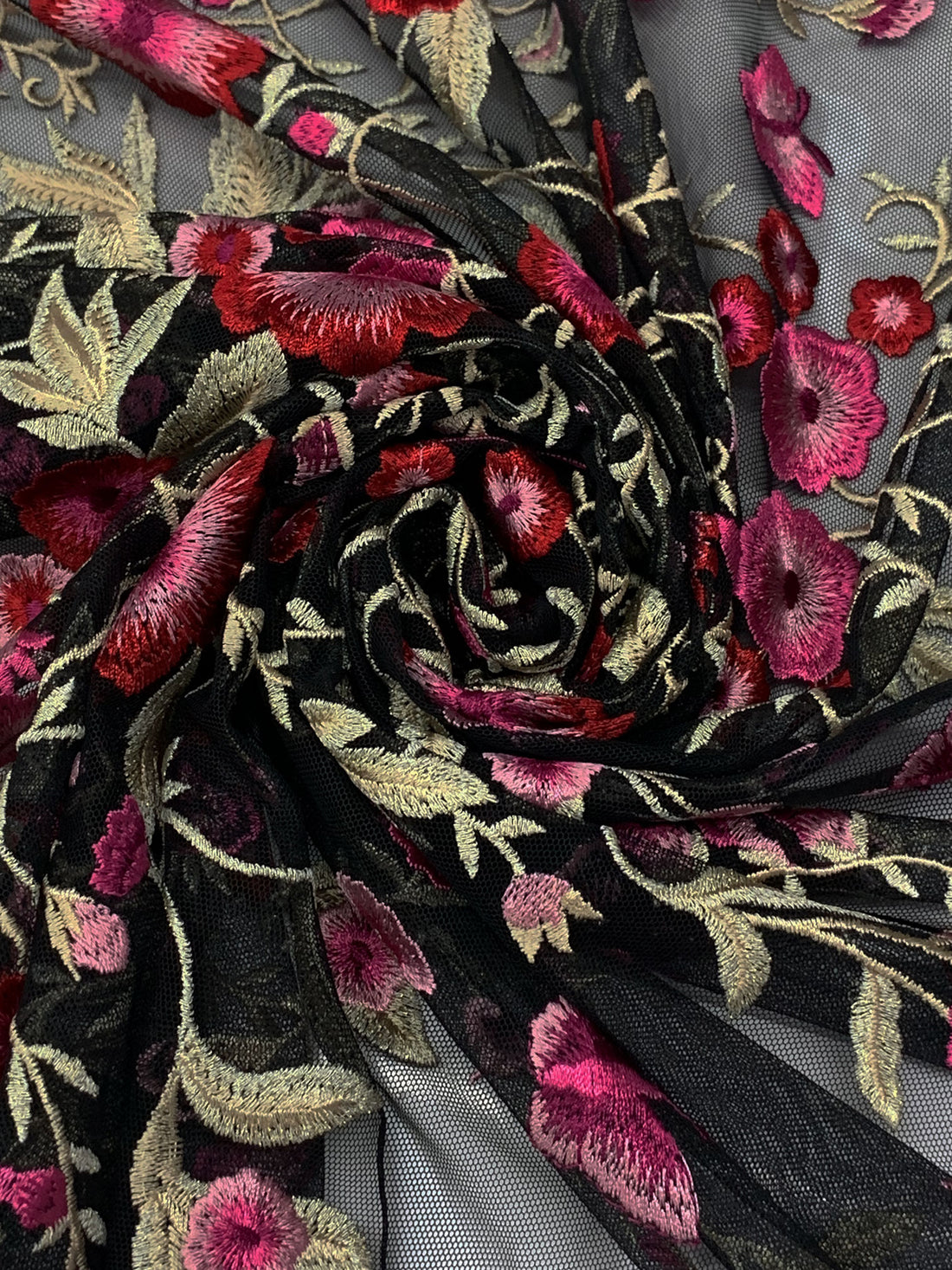 Amaranth Pink/Vivid Auburn/Muted Cream/Multi 100% Nylon Double Border Embroidered Floral Design On Netting - NY Designer - 54W