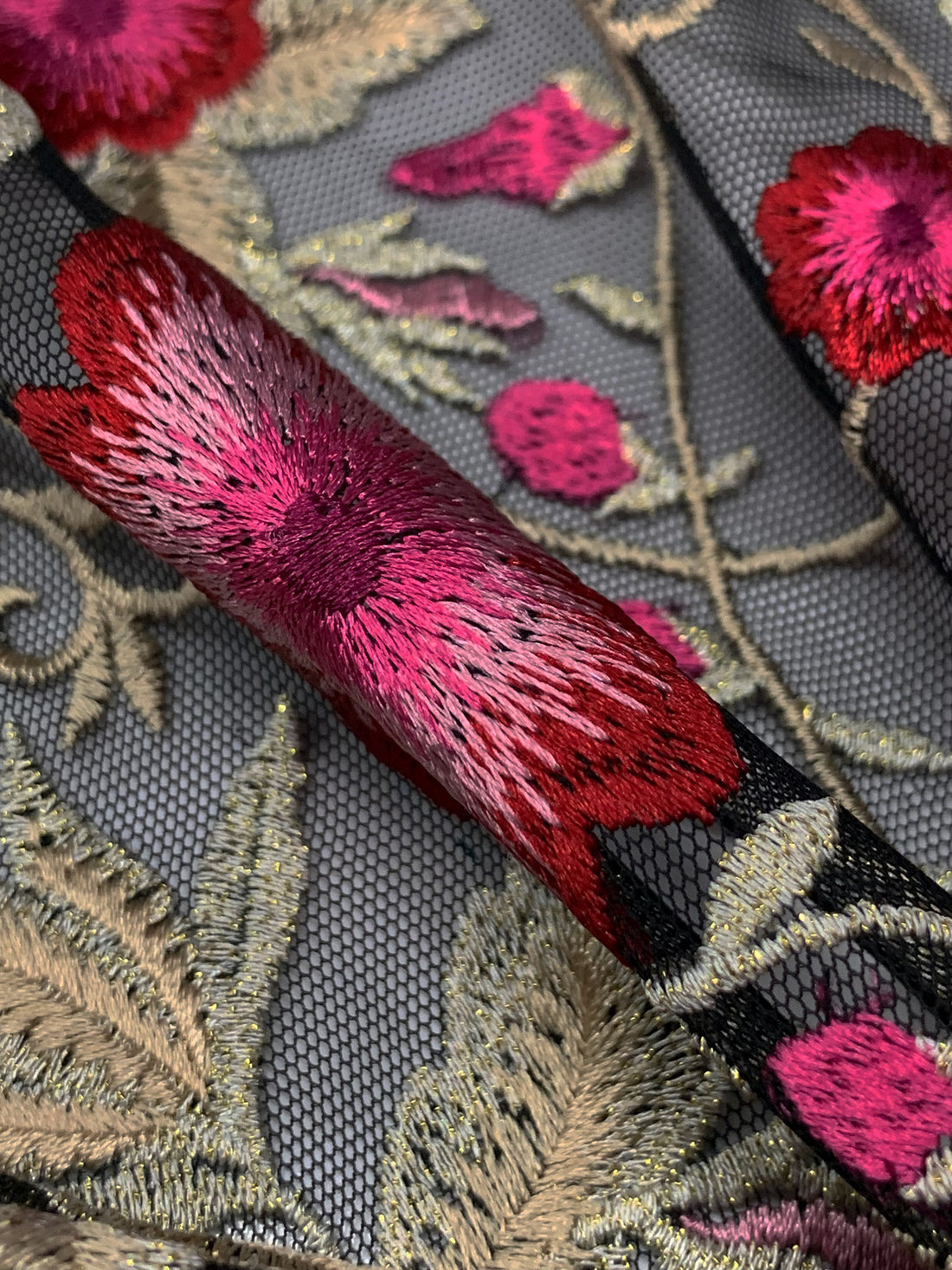 Amaranth Pink/Vivid Auburn/Muted Cream/Multi 100% Nylon Double Border Embroidered Floral Design On Netting - NY Designer - 54W