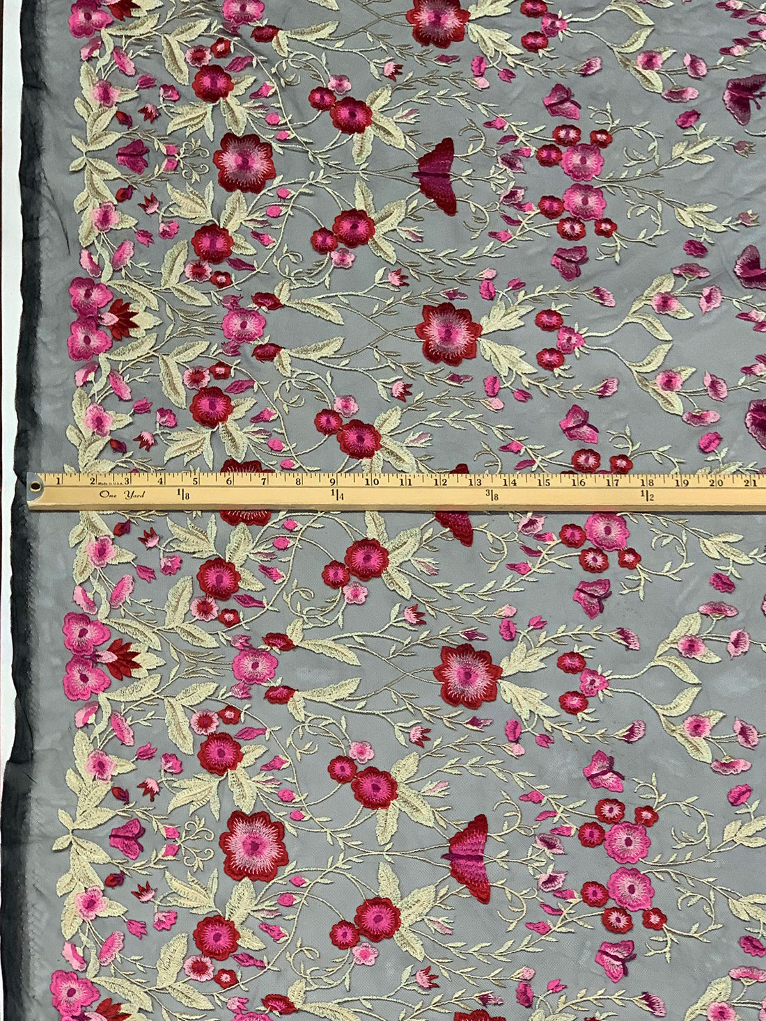 Amaranth Pink/Vivid Auburn/Muted Cream/Multi 100% Nylon Double Border Embroidered Floral Design On Netting - NY Designer - 54W