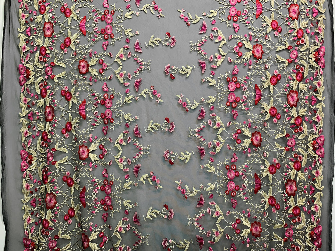 Amaranth Pink/Vivid Auburn/Muted Cream/Multi 100% Nylon Double Border Embroidered Floral Design On Netting - NY Designer - 54W