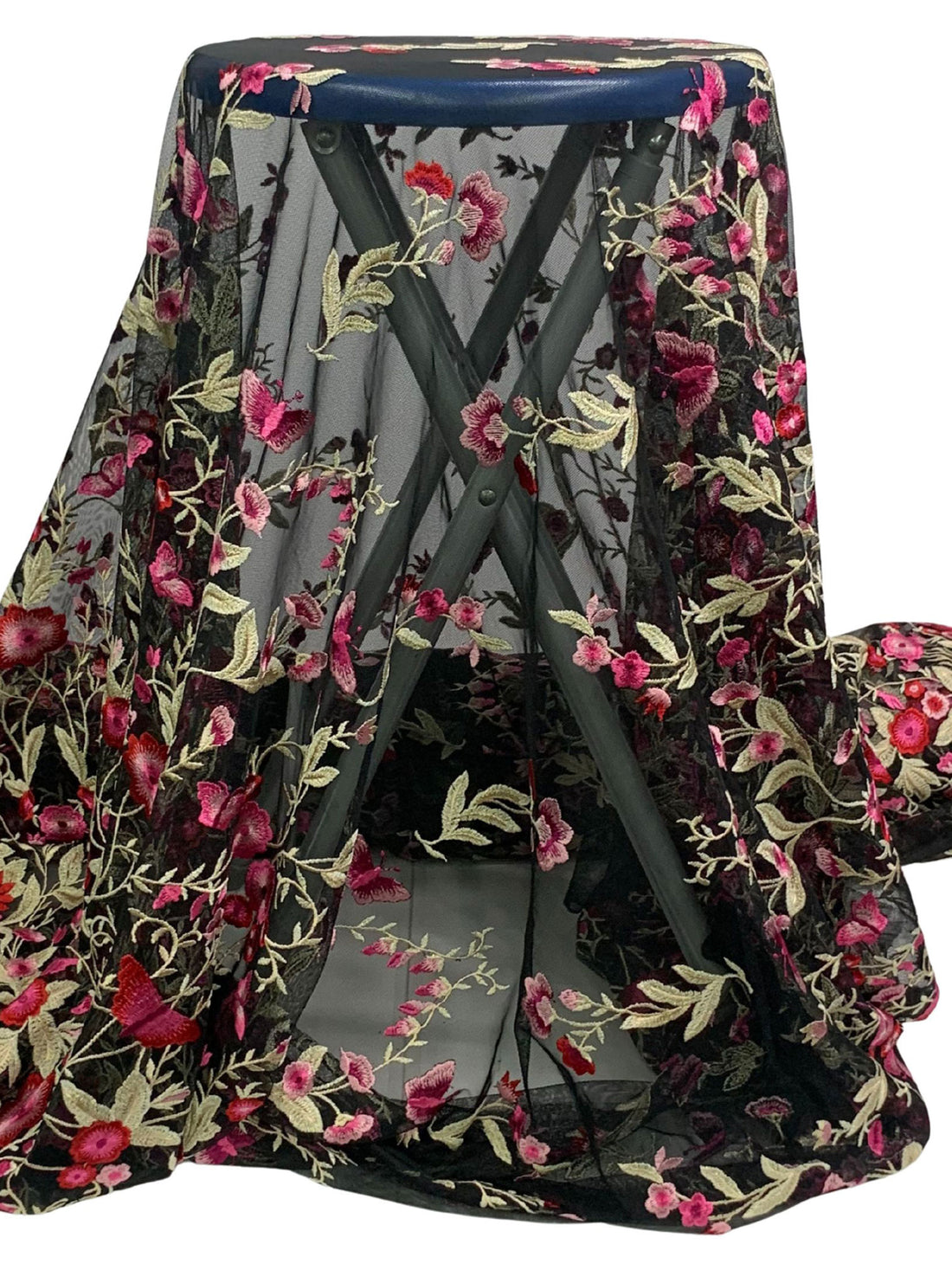 Amaranth Pink/Vivid Auburn/Muted Cream/Multi 100% Nylon Double Border Embroidered Floral Design On Netting - NY Designer - 54W