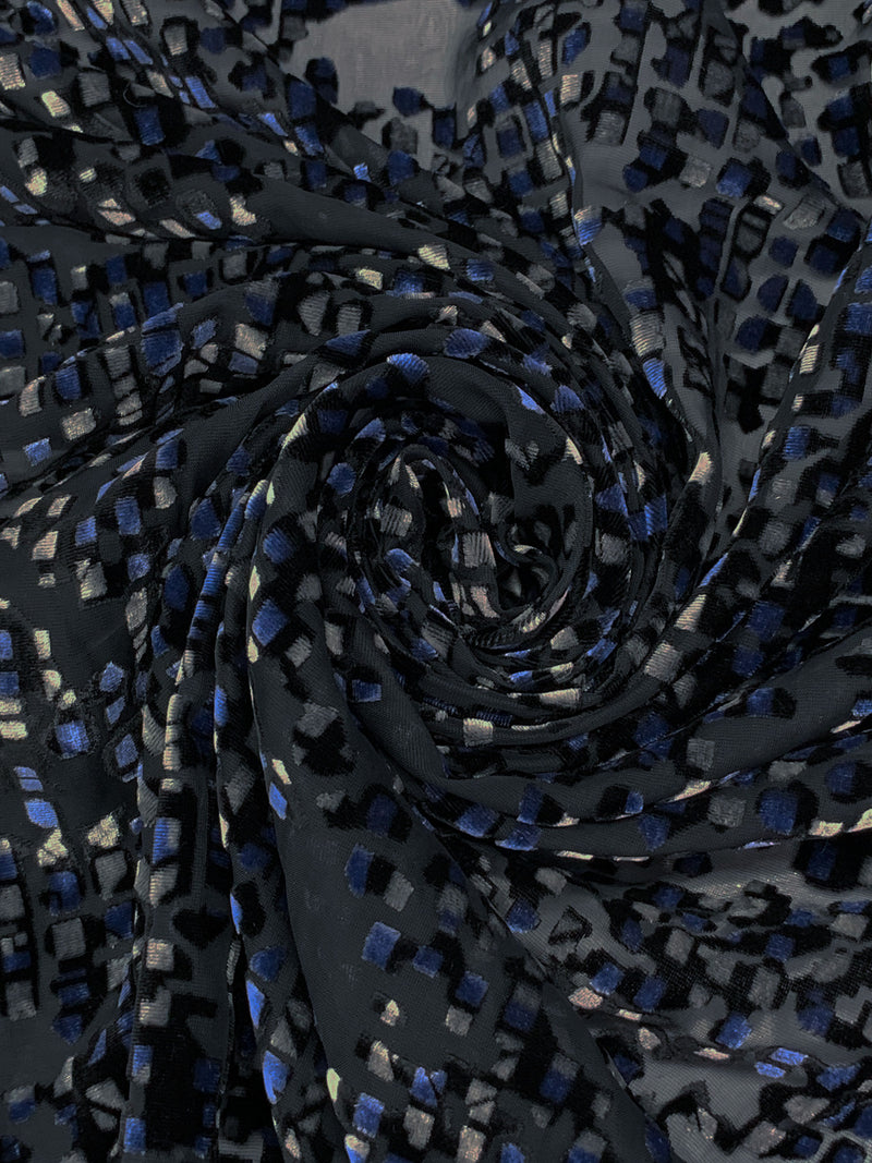 Navy/Gray/Black Polyester/Rayon Broken Mosaic Velvet Burnout Chiffon - NY Designer - 50W
