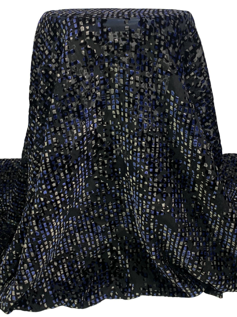 Navy/Gray/Black Polyester/Rayon Broken Mosaic Velvet Burnout Chiffon - NY Designer - 50W