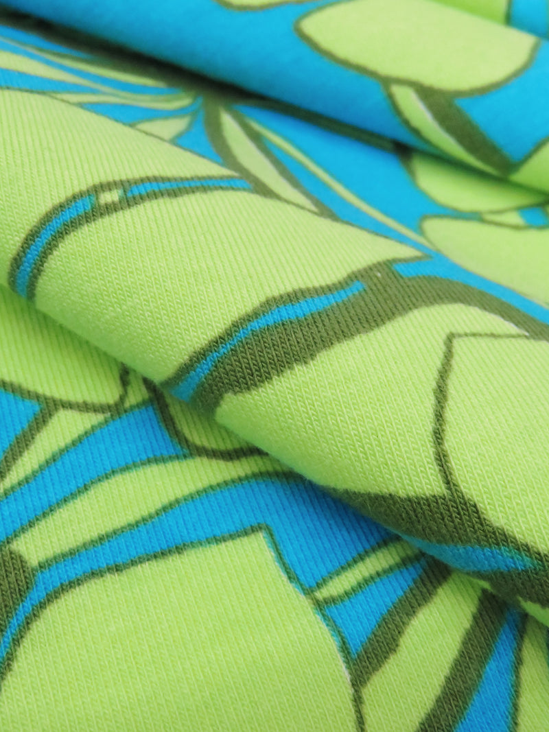 Avocado Green/Pacific Blue/Olive Organic Cotton/Lycra Monstera Leaf Print Jersey Knit - BedHead - 60W