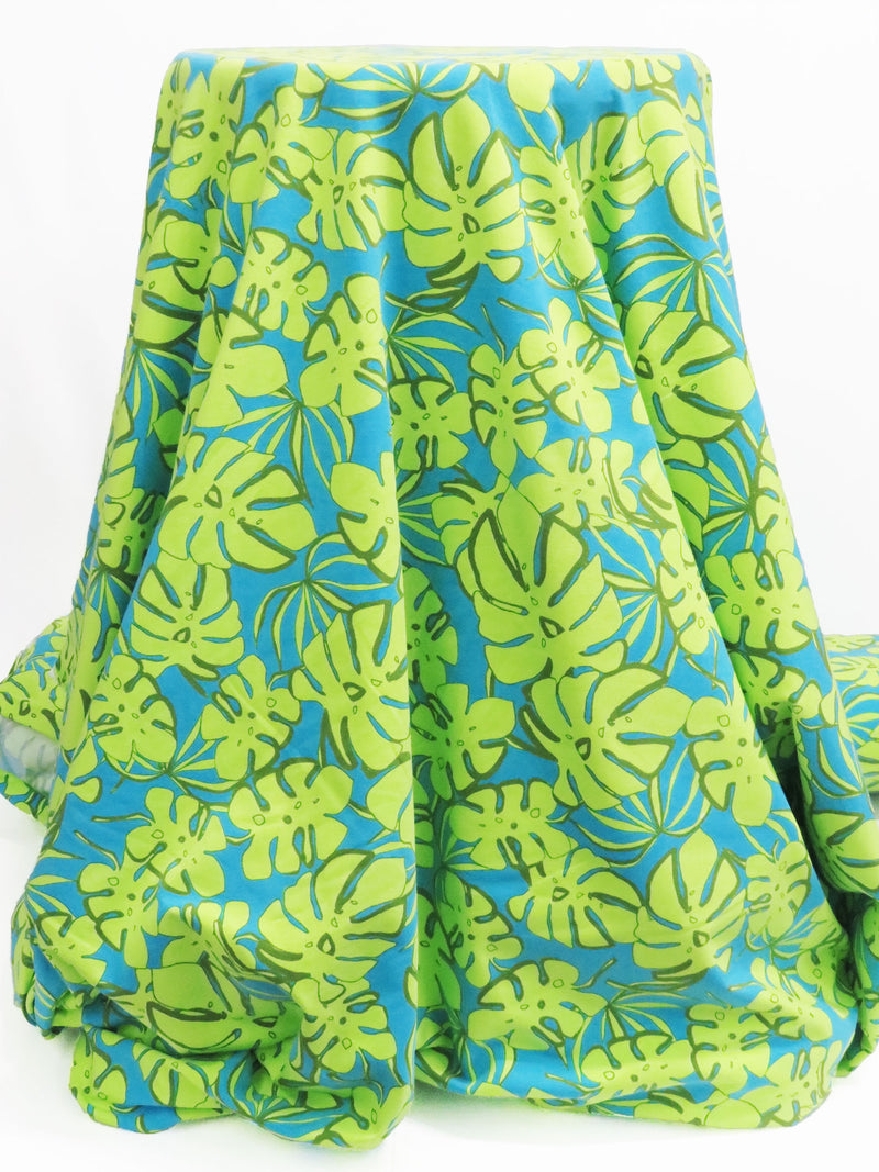 Avocado Green/Pacific Blue/Olive Organic Cotton/Lycra Monstera Leaf Print Jersey Knit - BedHead - 60W