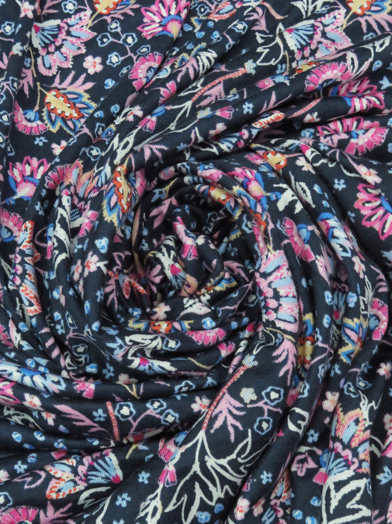 Navy Blue/Taffy Pink/White/Multi Rayon/Lycra Ornate Floral Print Jersey Knit - NY Designer - 62W