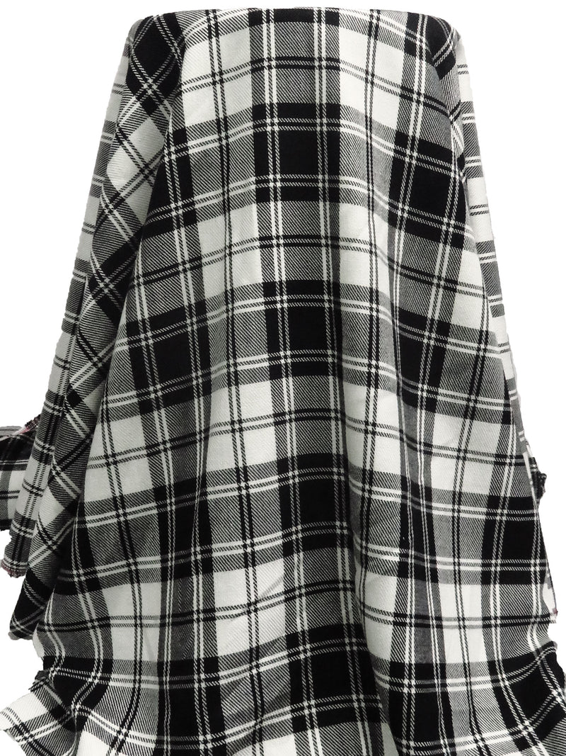 Black/Warm White 100% Polyester Plaid Weave Brushed Suiting 58W