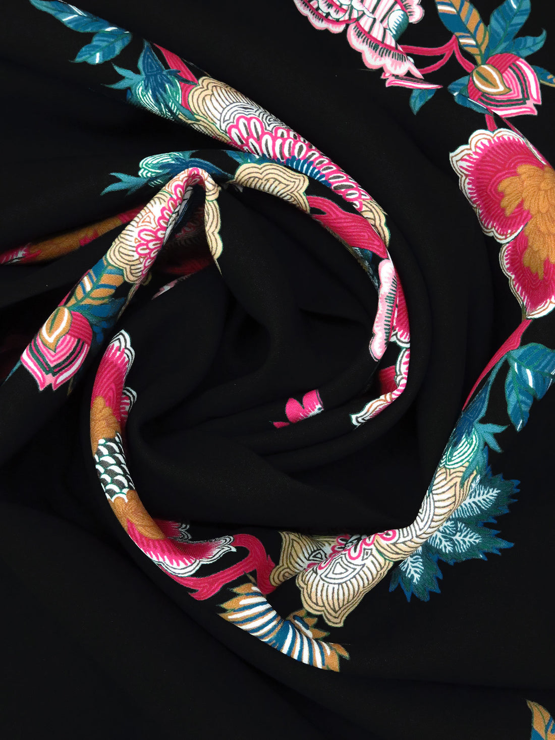 SOLD BY THE PANEL ONLY - Black/Dark Raspberry/Wheat/Multi 100% Rayon Camellia Lotus Floral Trellis Print Suiting - NY Designer - 55W