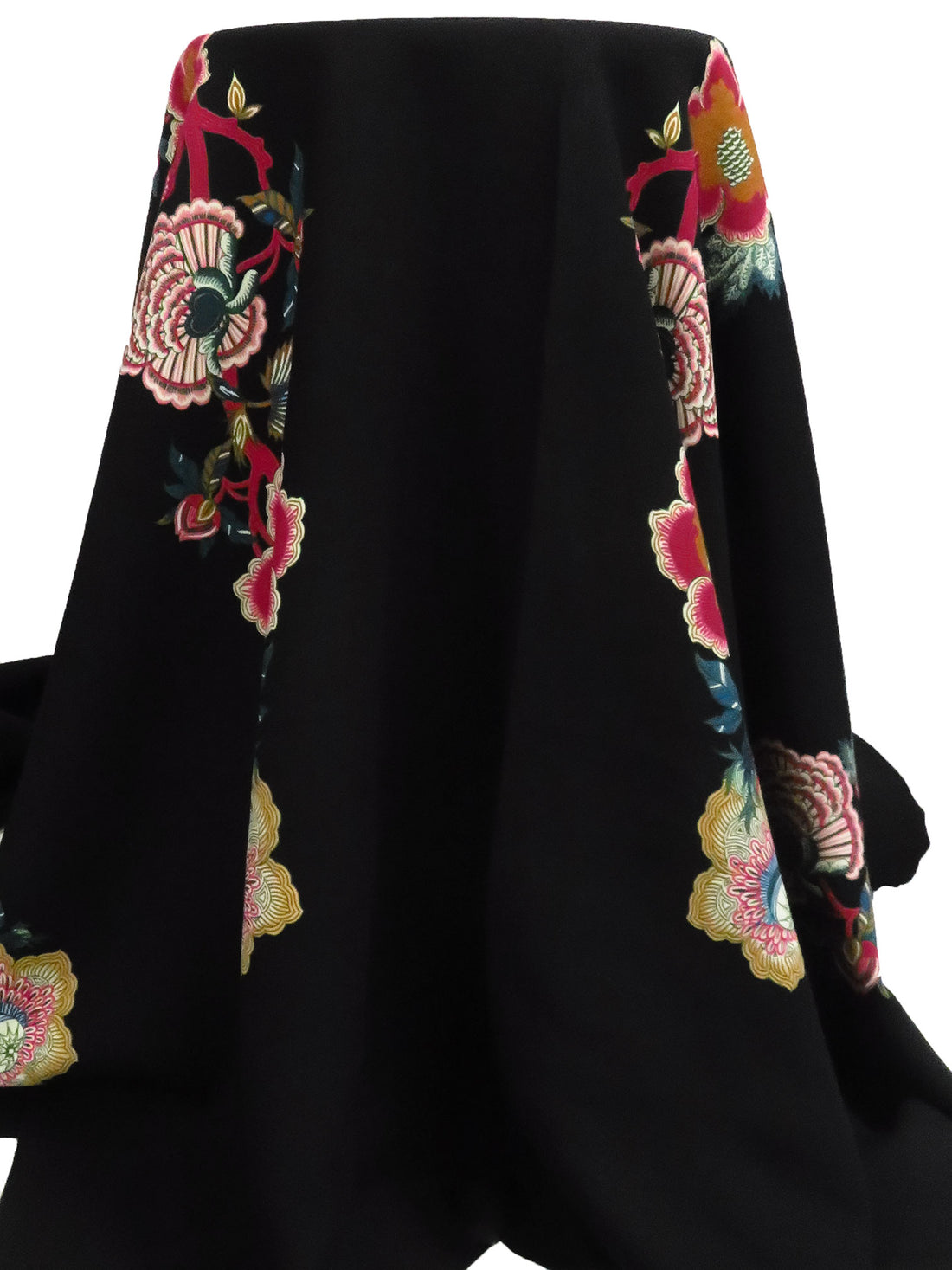 SOLD BY THE PANEL ONLY - Black/Dark Raspberry/Wheat/Multi 100% Rayon Camellia Lotus Floral Trellis Print Suiting - NY Designer - 55W