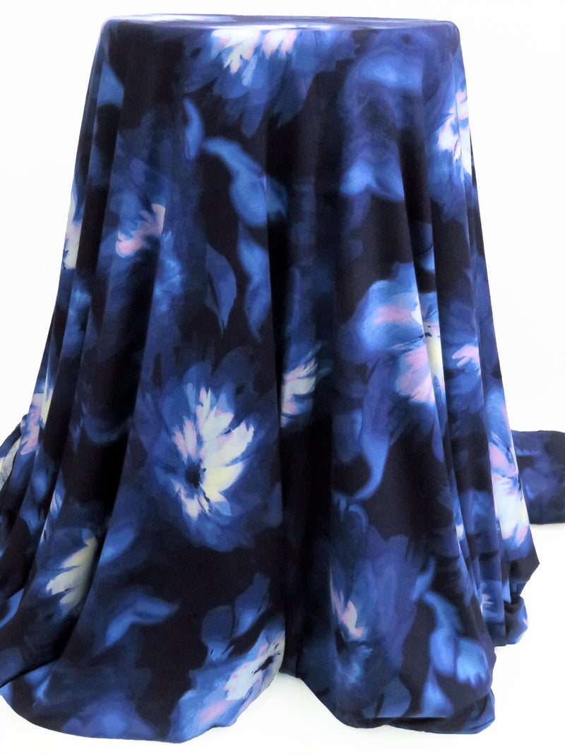 Midnight Sapphire/Icy White/Carnation Pink/Multi Rayon/Lycra Ghostly Floral Print Jersey Knit - NY Designer - 60W