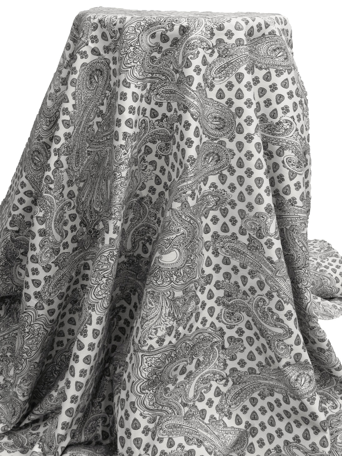 Black/Off White Rayon/Nylon/Lycra Ornate Paisley Scroll Print Stretch Bengaline Suiting 57W
