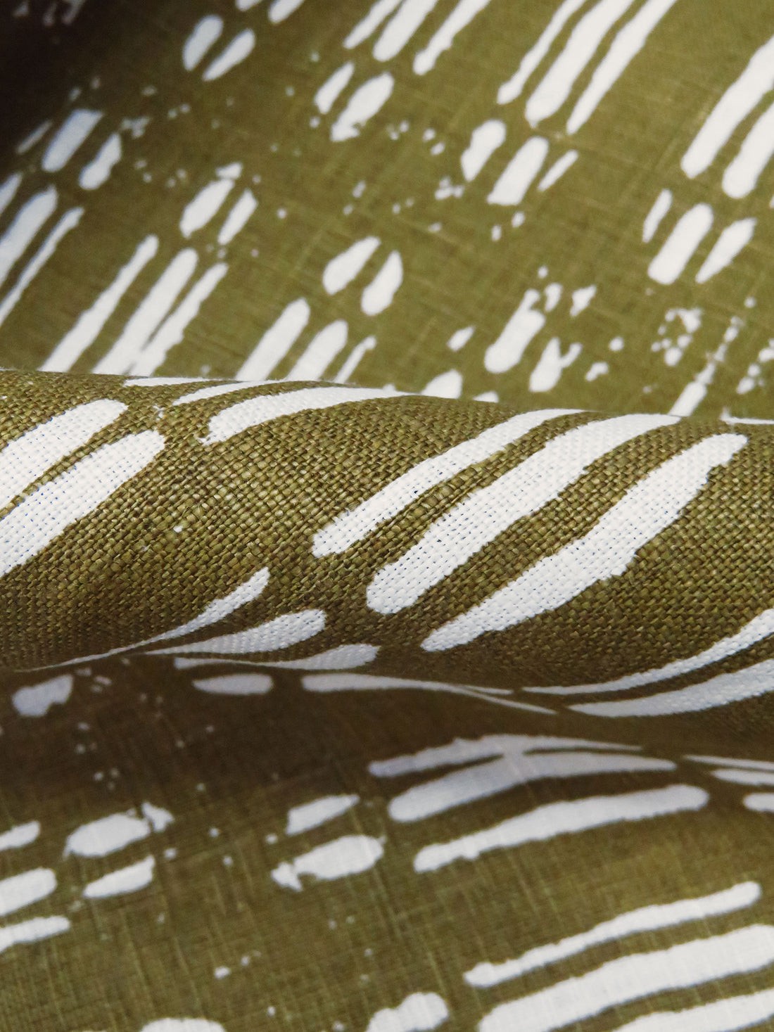 Medium Olive/Warm White 100% Linen Abstract Print Midweight Woven 52W