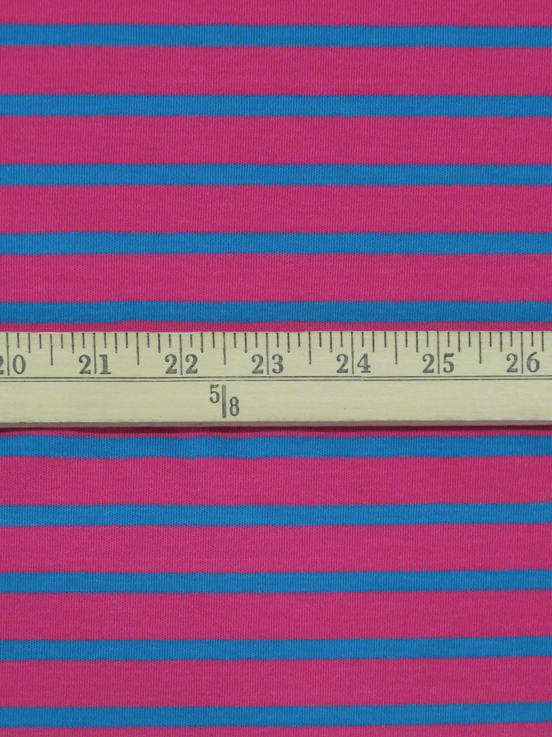 Raspberry Pink/Deep Cerulean Cotton/Polyester Horizontal Stripe Interlock Knit 64W