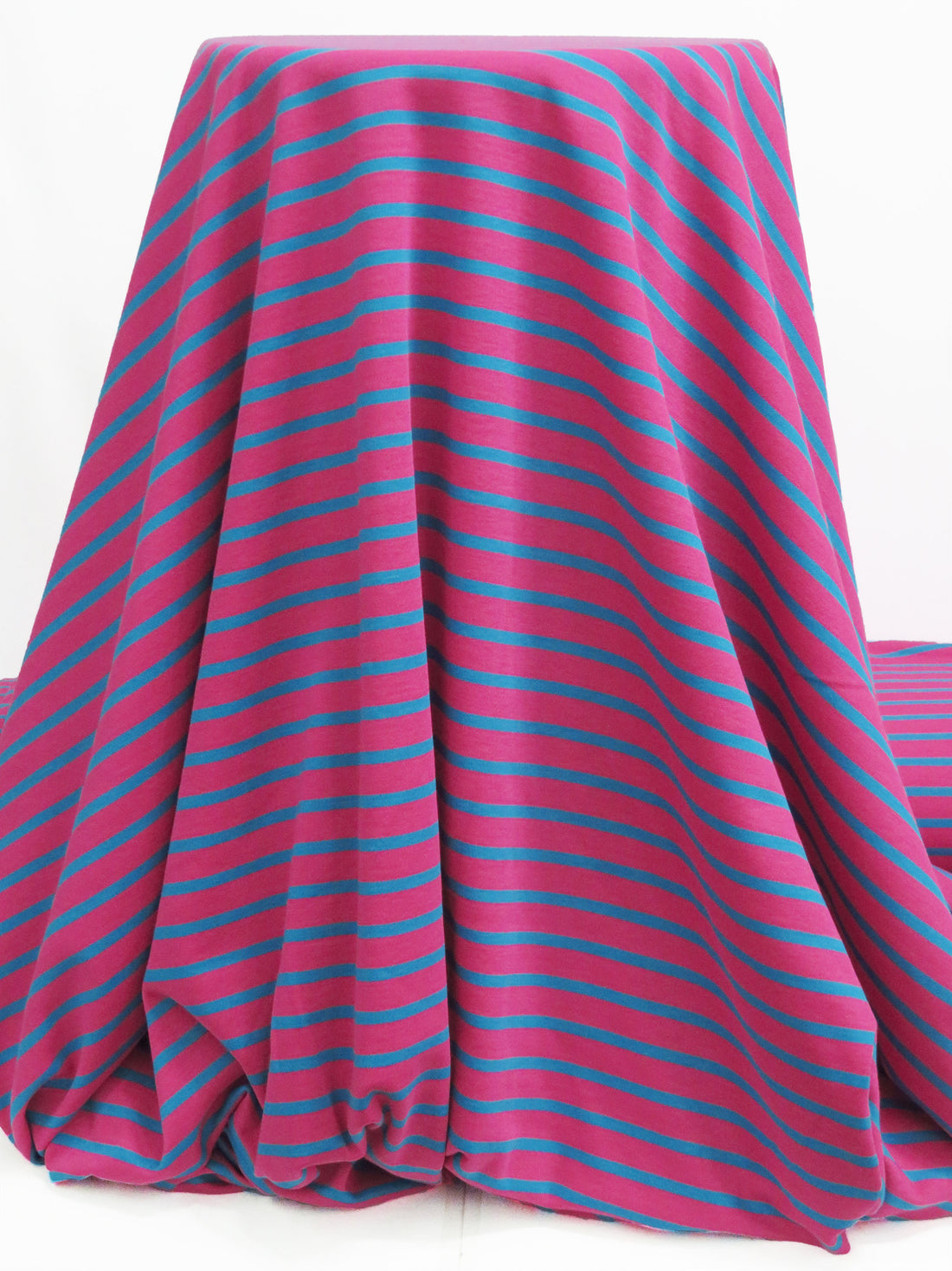 Raspberry Pink/Deep Cerulean Cotton/Polyester Horizontal Stripe Interlock Knit 64W