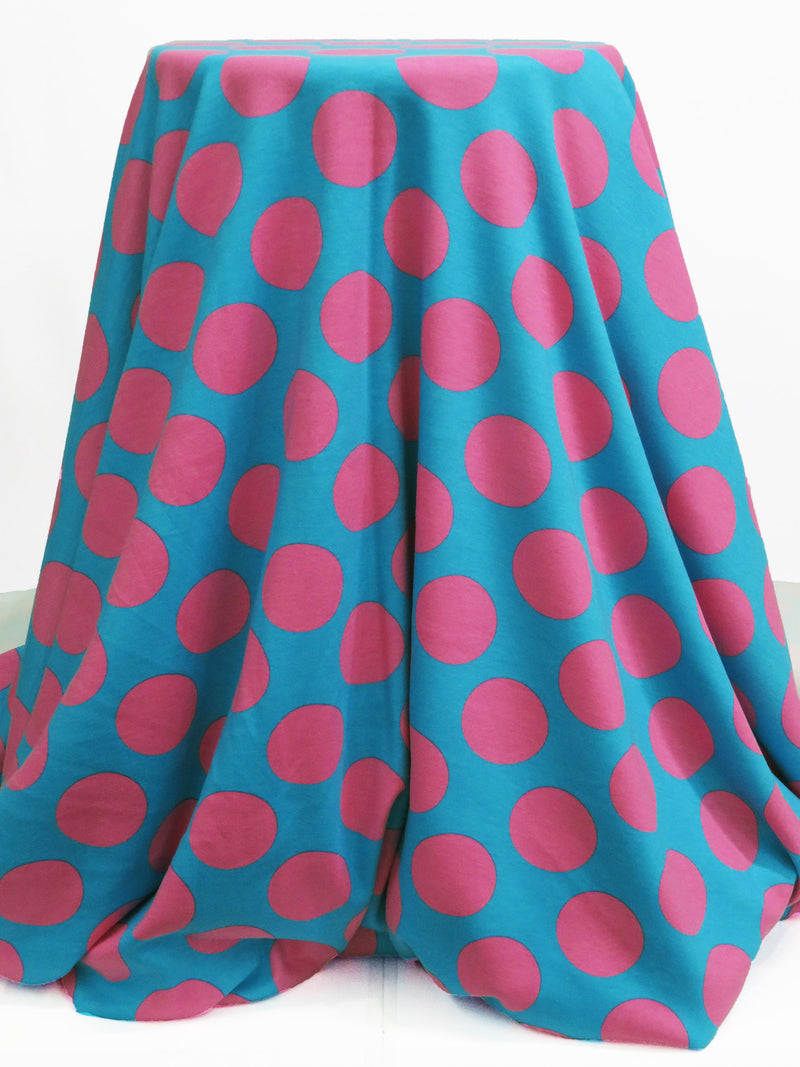 Bright Cerulean/Deep Bubblegum Cotton/Polyester Large Polka Dot Print Interlock Knit 67W