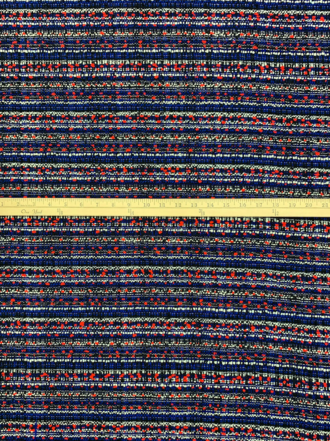 Deep Blue/Vivid Red/White/Black Wool/Polyester Horizontal Stripe Boucle Coating - NY Designer - 59W