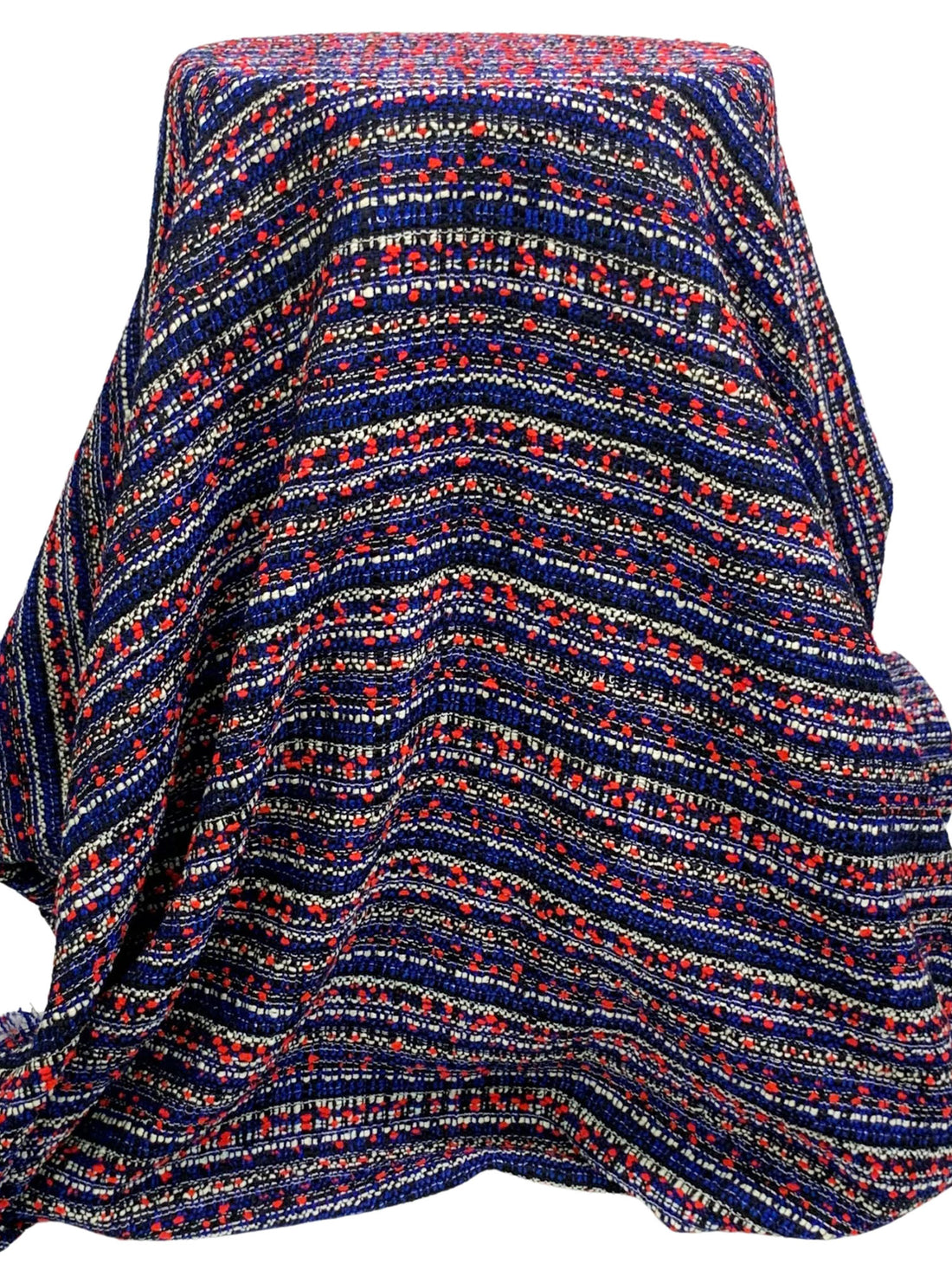 Deep Blue/Vivid Red/White/Black Wool/Polyester Horizontal Stripe Boucle Coating - NY Designer - 59W