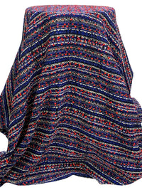 Deep Blue/Vivid Red/White/Black Wool/Polyester Horizontal Stripe Boucle Coating - NY Designer - 59W