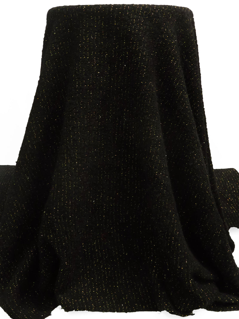 Smoky Black/Gold Polyester/Wool/Metallic Vertical Foil Stripe Weave Boucle Sweater Knit - NY Designer - 60W