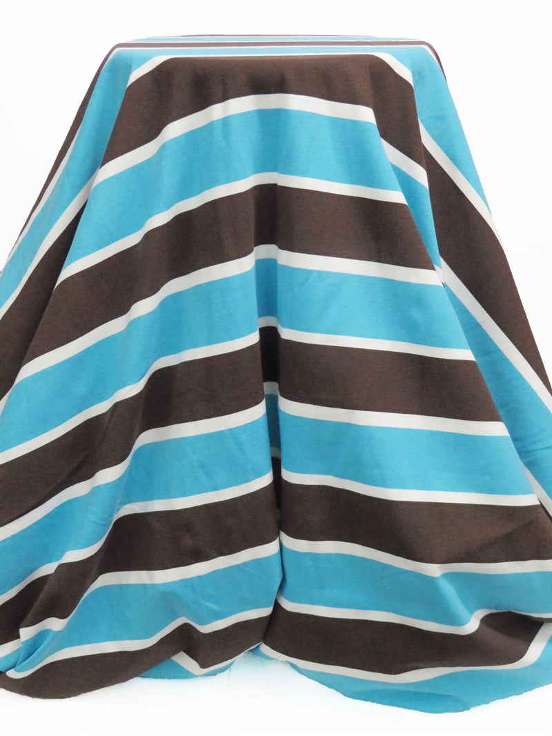 Espresso Brown/Bright Sky Blue/White Cotton/Lycra Horizontal Stripe Print Jersey Knit 60W