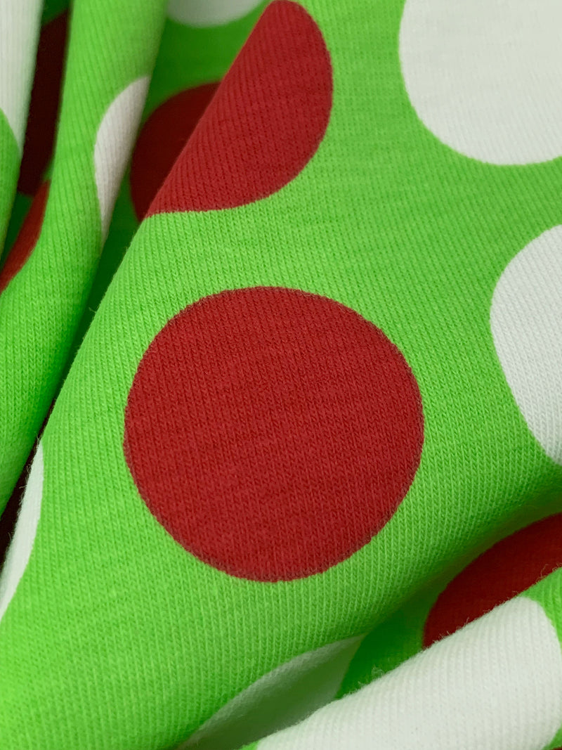 Lime Green/White/Crimson Red Cotton/Lycra Multi-Dot Jersey Knit 58W