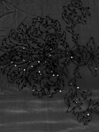 Black 100% Silk Embroidered Single Border Sequin Design Chiffon - NY Designer - 52W