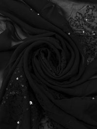 Black 100% Silk Embroidered Single Border Sequin Design Chiffon - NY Designer - 52W