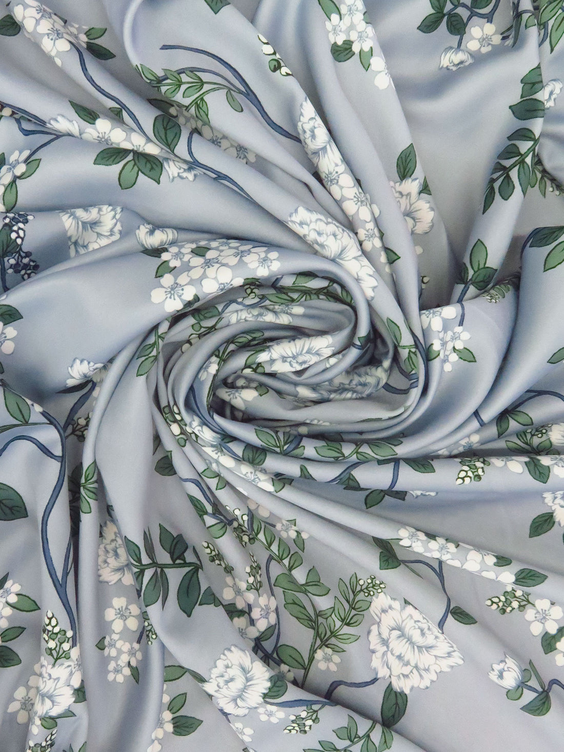 SOLD BY THE PANEL ONLY - Light Blue/Nature Green/White/Queen Blue 100% Polyester Floral Print Charmeuse 55W