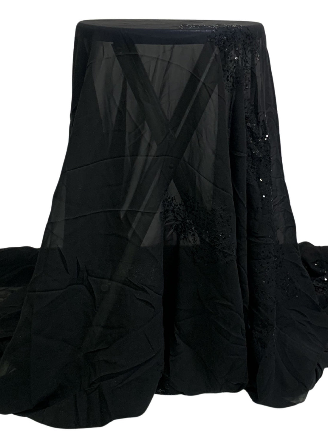 Black 100% Silk Embroidered Single Border Sequin Design Chiffon - NY Designer - 52W