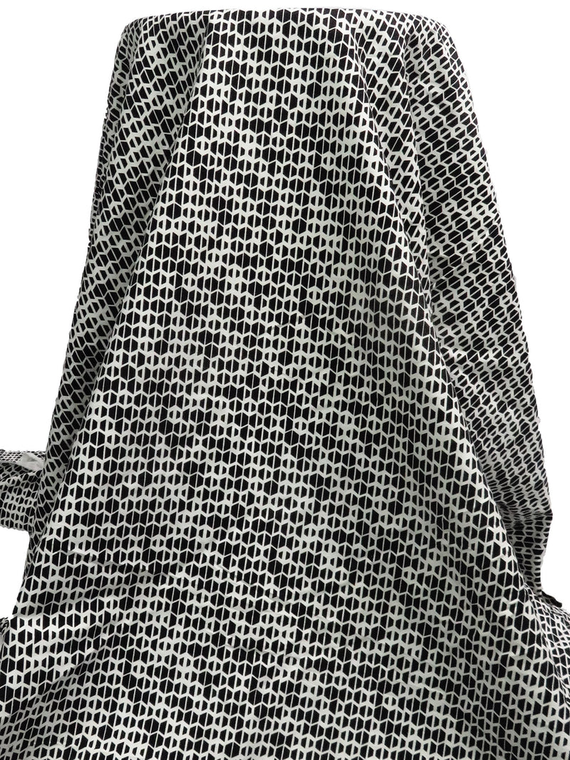 Black/Warm White Rayon/Nylon/Lycra Geometric Print Stretch Bengaline Suiting 58W