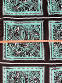 SOLD BY THE PANEL ONLY - Espresso/Sea Foam/White 100% Rayon Dual Handkerchief Stylized Paisley Floral Print Blouseweight Woven - NY Designer - 53W