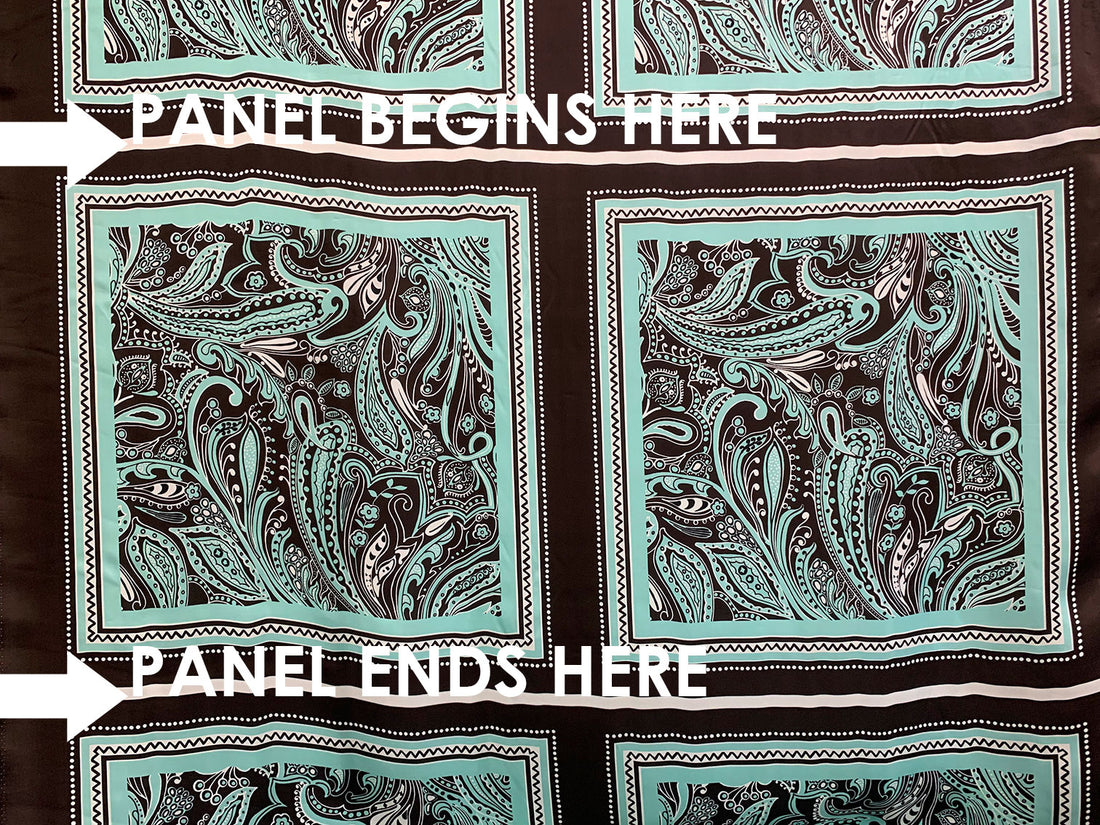 SOLD BY THE PANEL ONLY - Espresso/Sea Foam/White 100% Rayon Dual Handkerchief Stylized Paisley Floral Print Blouseweight Woven - NY Designer - 53W