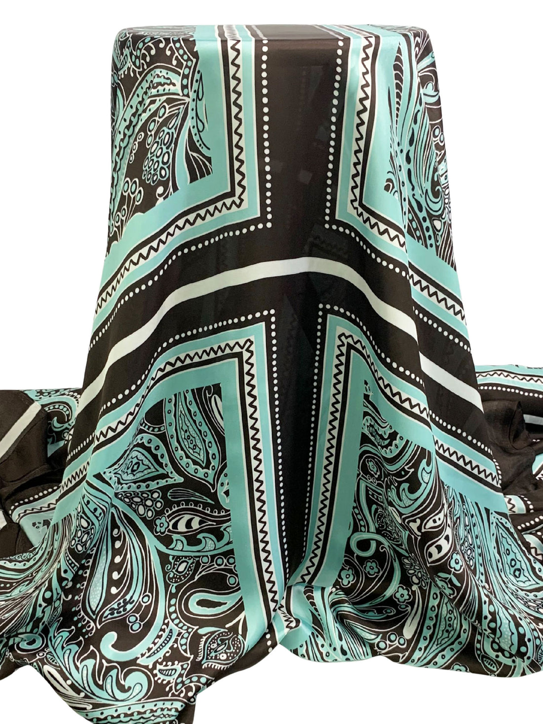 SOLD BY THE PANEL ONLY - Espresso/Sea Foam/White 100% Rayon Dual Handkerchief Stylized Paisley Floral Print Blouseweight Woven - NY Designer - 53W