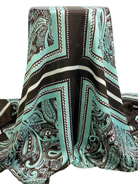 SOLD BY THE PANEL ONLY - Espresso/Sea Foam/White 100% Rayon Dual Handkerchief Stylized Paisley Floral Print Blouseweight Woven - NY Designer - 53W