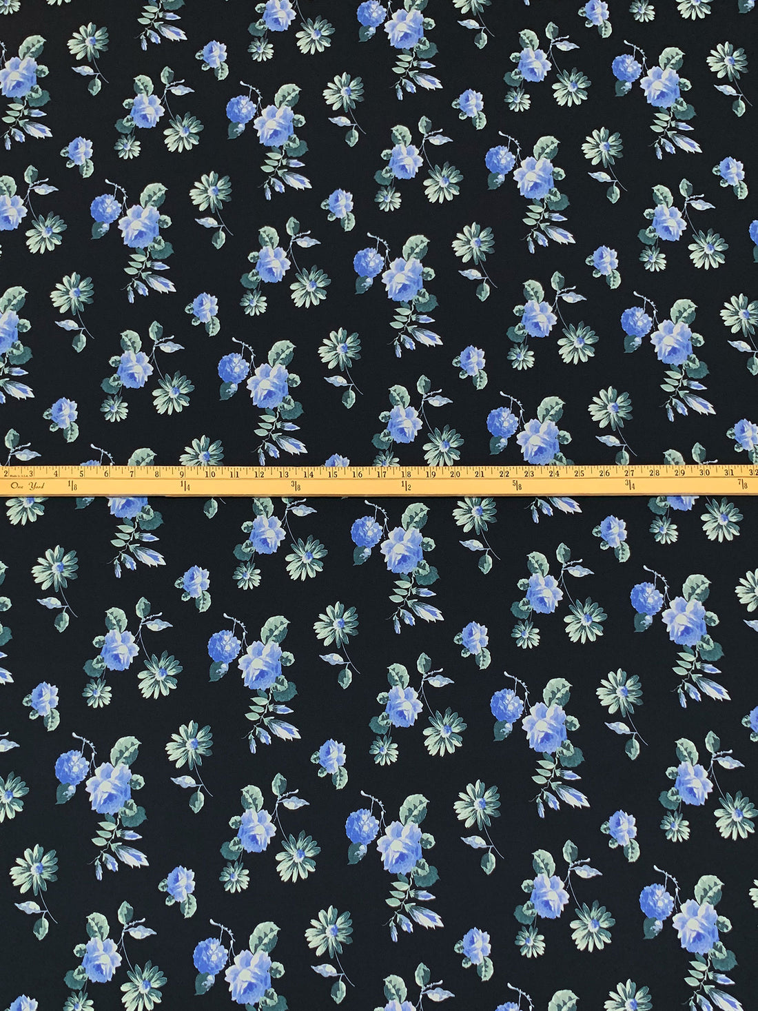 Dark Navy/Deep Teal/Sapphire Silk/Cotton/Lycra Floral Print Stretch Twill - NY Designer - 40W