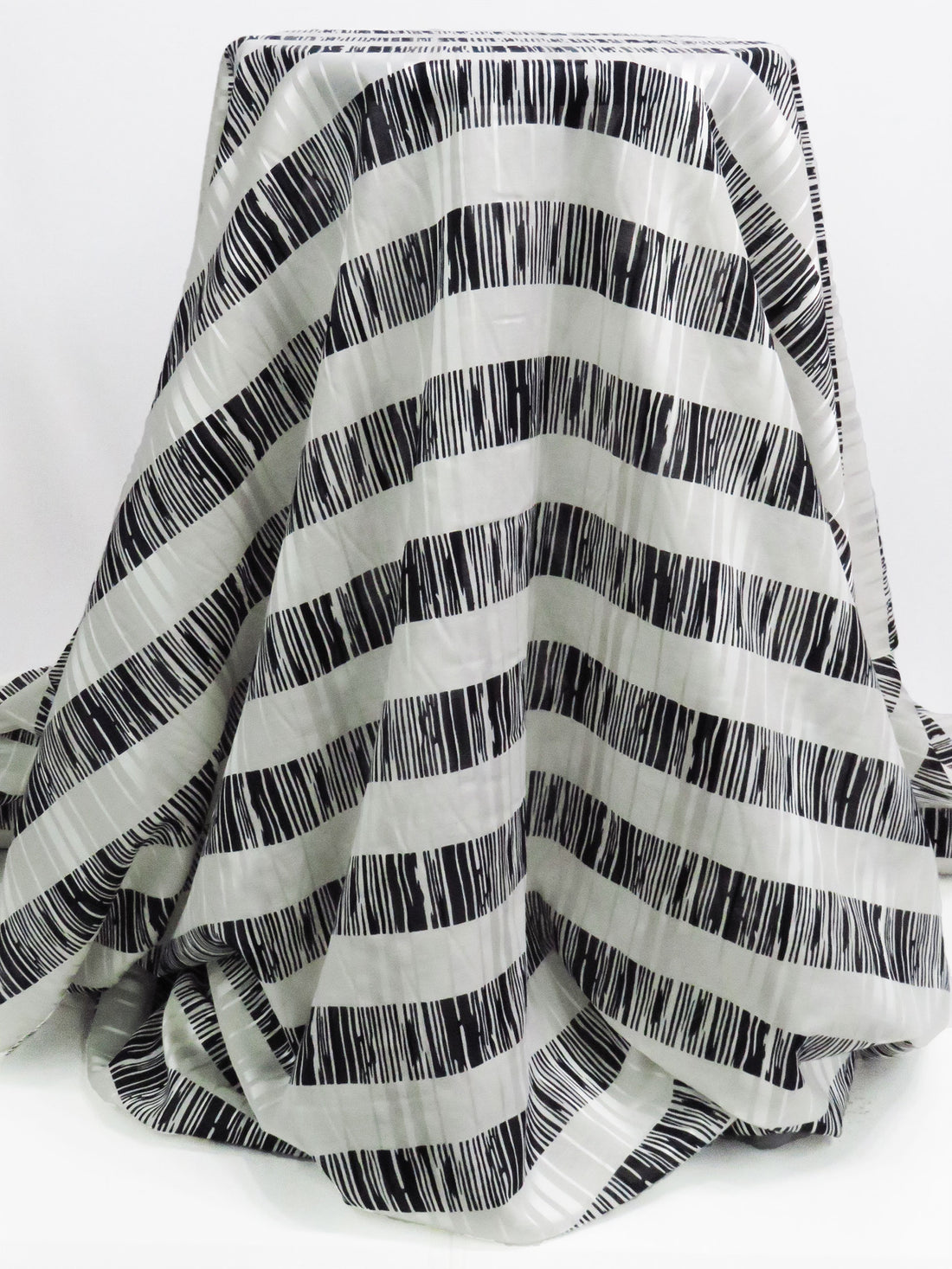 Black/Bone White/Bright White Silk/Cotton Horizontal Distressed Stripe Print On Vertical Sateen Stripe Voile - NY Designer - 45W