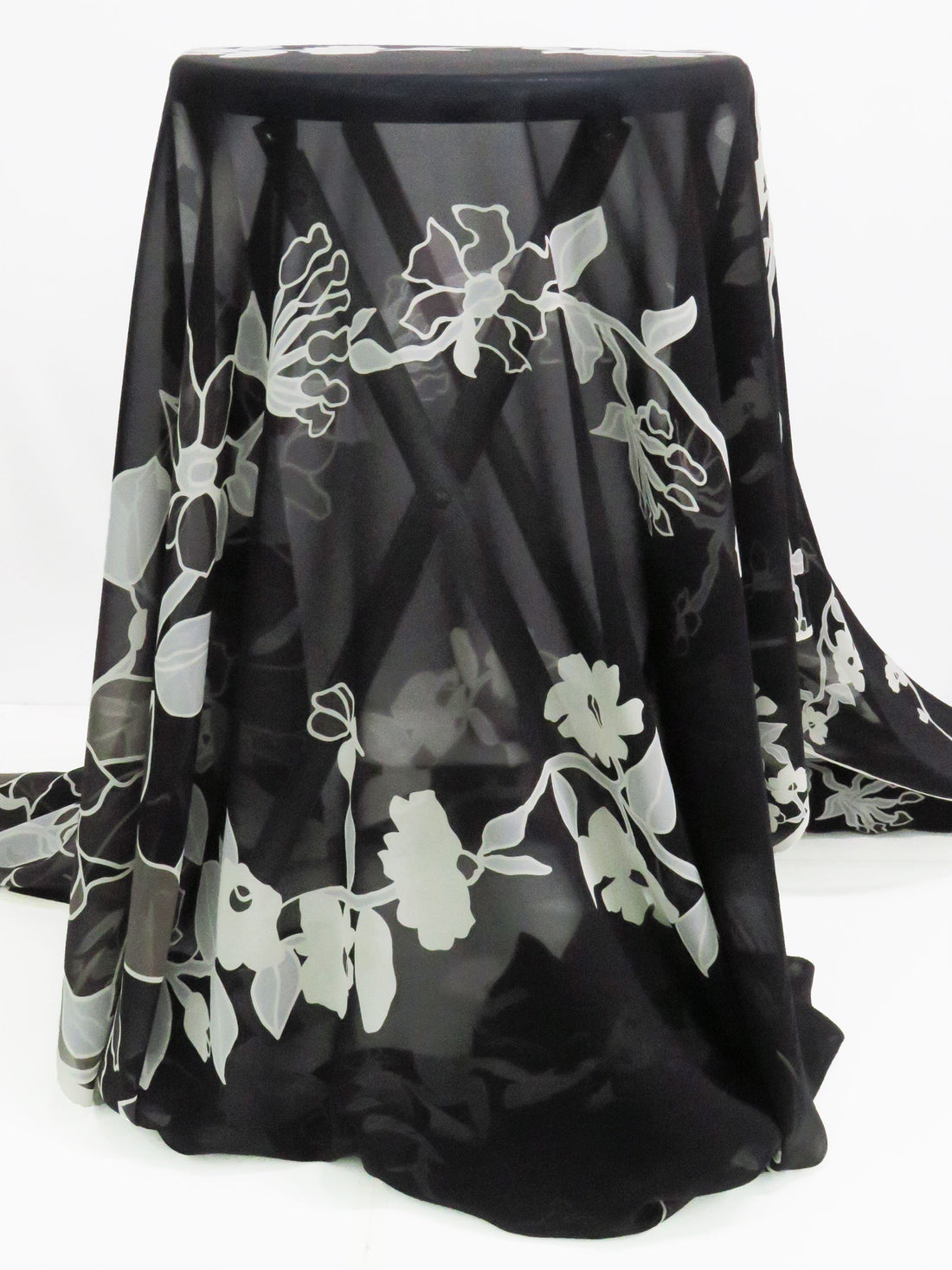 Black/Pale Smokey Gray/Pale Steel Gray/Multi 100% Silk Large Floral Vines Border Print Chiffon - NY Designer - 44W