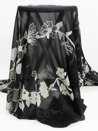 Black/Pale Smokey Gray/Pale Steel Gray/Multi 100% Silk Large Floral Vines Border Print Chiffon - NY Designer - 44W