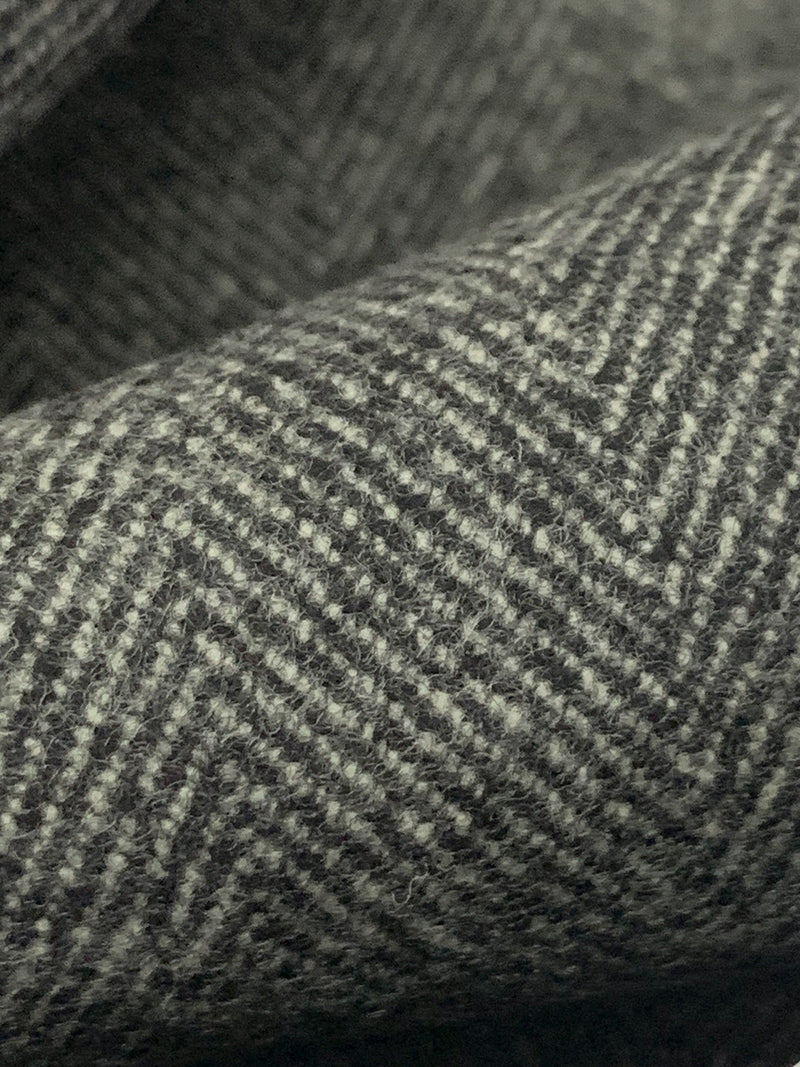 Black/Pale Gray 100% Worsted Wool Herringbone Flannel Suiting - NY Designer - 56W