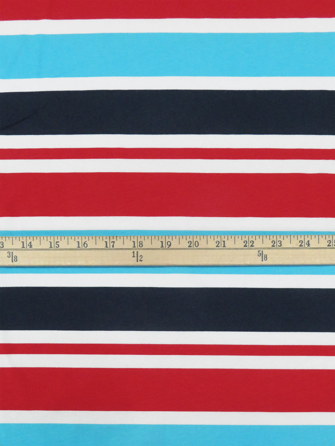 Sky Blue/Barn Red/Navy/White Cotton/Lycra Horizontal Stripe Print Jersey Knit 58W