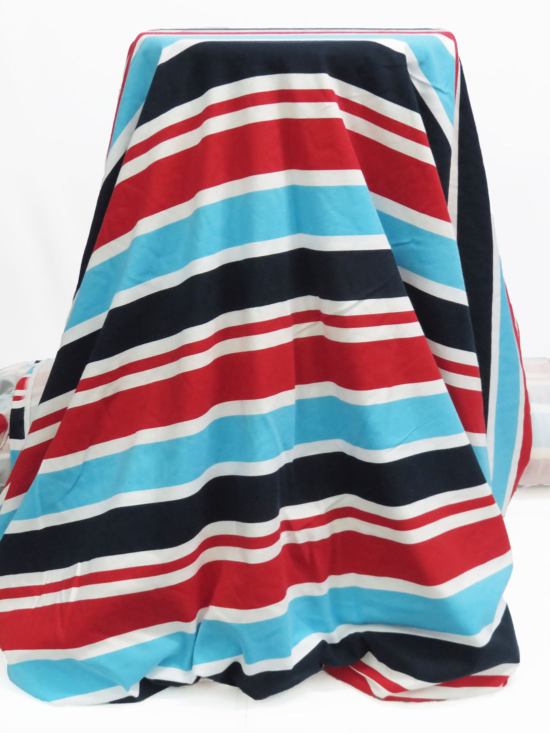 Sky Blue/Barn Red/Navy/White Cotton/Lycra Horizontal Stripe Print Jersey Knit 58W