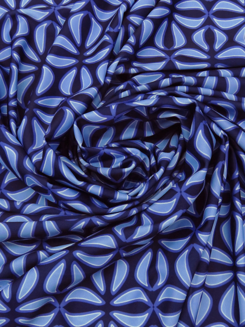 Midnight Navy/Cornflower/Dark Periwinkle Blue/White Nylon/Lycra Floral Tile Print Activewear/Swimwear Knit - NY Designer - 57W