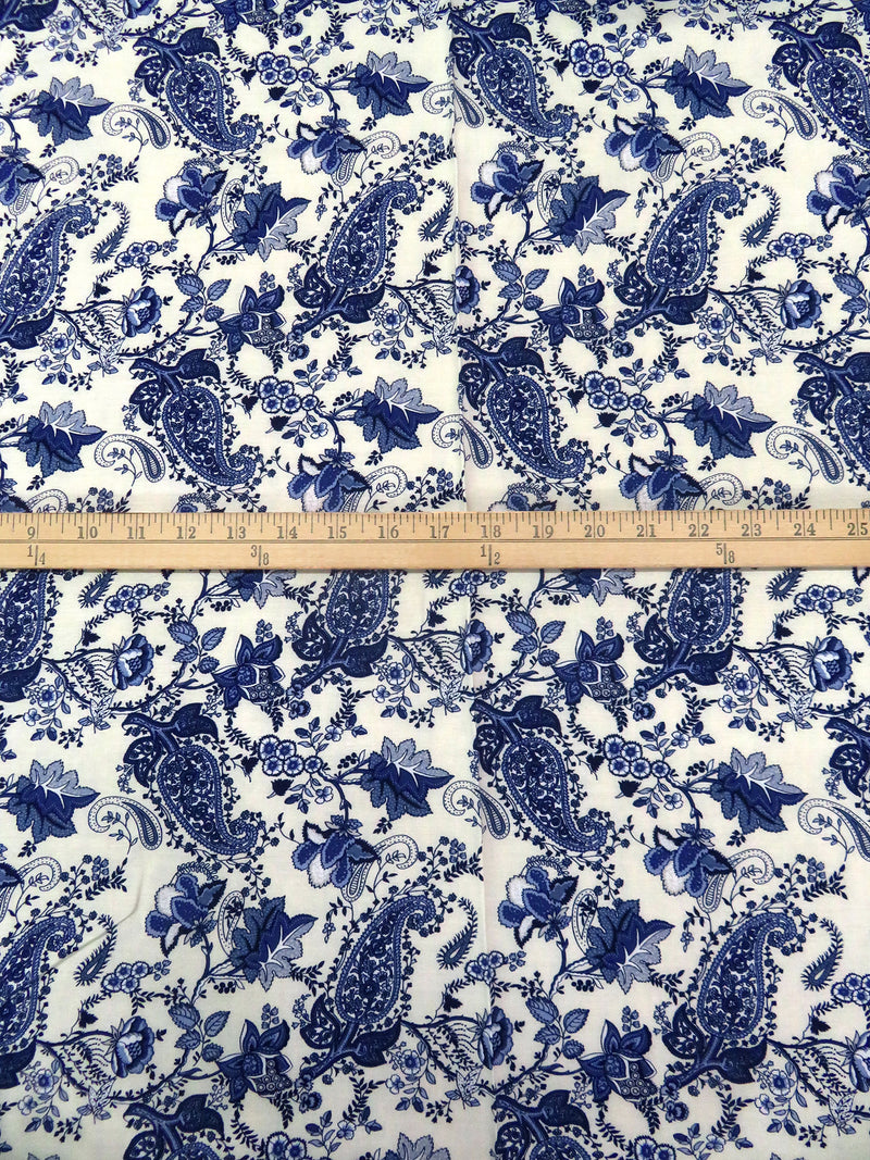Off-White/Dark Denim/Muted Navy/Multi 100% Rayon Floral Paisley Print Challis 42W