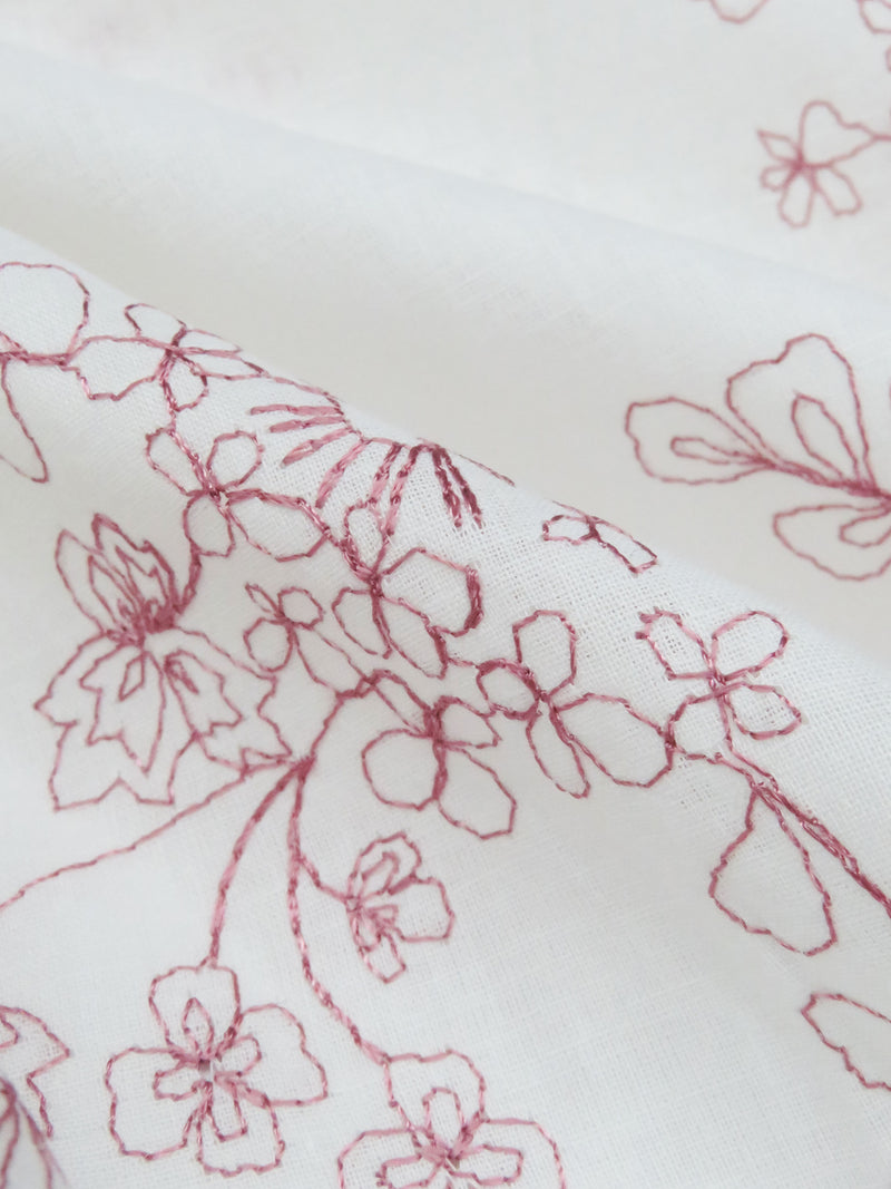 Antique White/Mauve Rose 100% Cotton Floral Embroidered Voile 56W