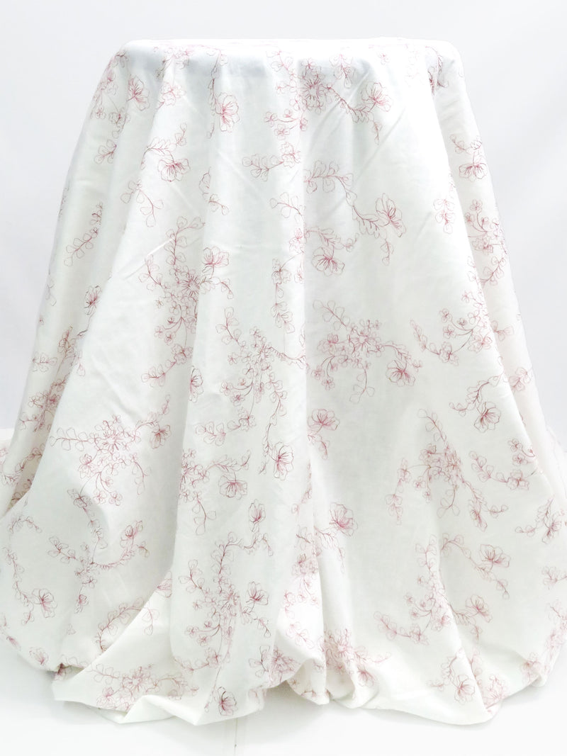 Antique White/Mauve Rose 100% Cotton Floral Embroidered Voile 56W