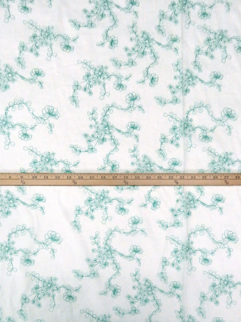 Whitesmoke/Caribbean Green 100% Cotton Floral Embroidered Voile 56W
