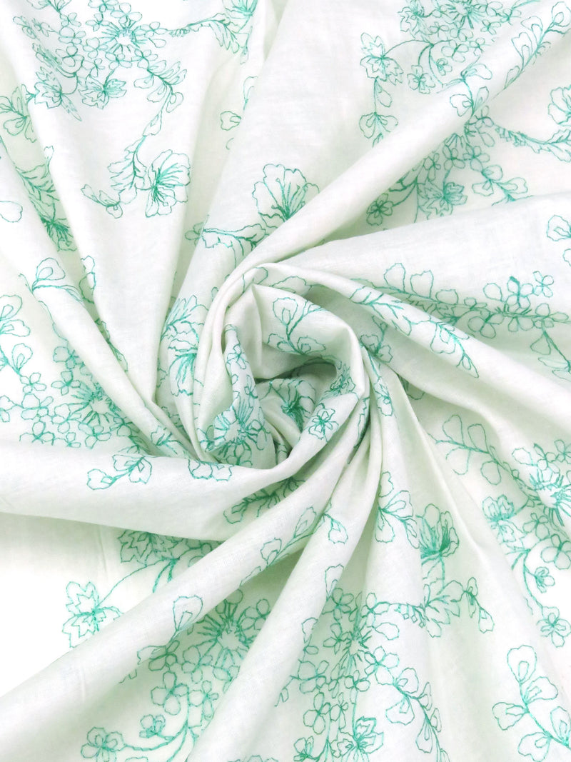 Whitesmoke/Caribbean Green 100% Cotton Floral Embroidered Voile 56W